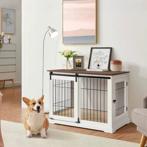 Wooden Dog Crate – Sliding Barn Door, Double Doors, Tray & Cushion