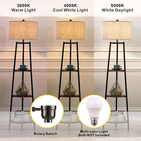 Modern Tripod Floor Lamp with Shelves and Fabric Shade