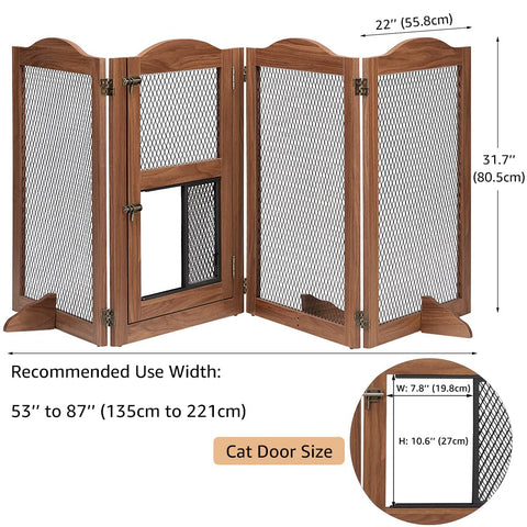 Pet Gate with Cat Door – Freestanding Metal Mesh Barrier for Dogs & Cats
