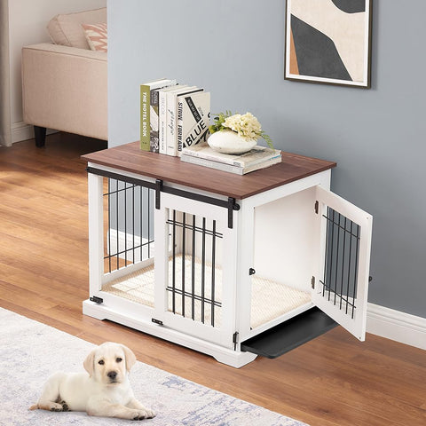 Wooden Dog Crate – Sliding Barn Door, Double Doors, Tray & Cushion