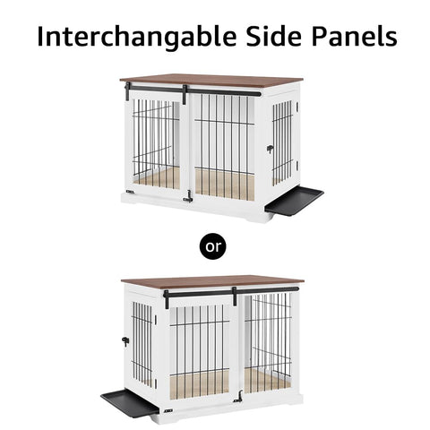 Wooden Dog Crate – Sliding Barn Door, Double Doors, Tray & Cushion