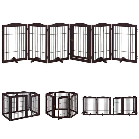 UniPawsStore2023_Unipaws Pet Playpen with Wire Extra Wide 6 Panels with Walk Through Door and 5 Support Feet, Espresso