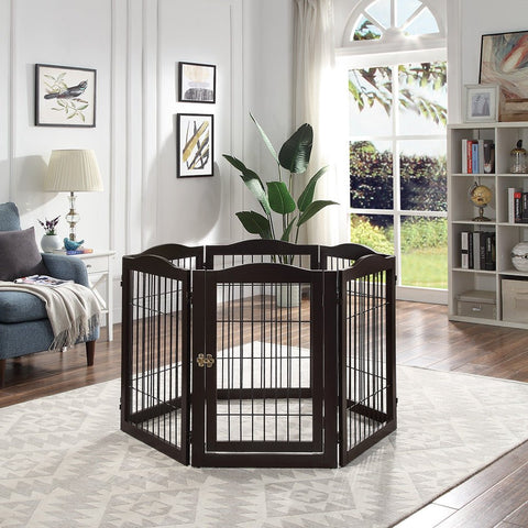 UniPawsStore2023_Unipaws Pet Playpen with Wire Extra Wide 6 Panels with Walk Through Door and 5 Support Feet, Espresso
