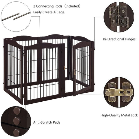 UniPawsStore2023_Unipaws Pet Playpen with Wire Extra Wide 6 Panels with Walk Through Door and 5 Support Feet, Espresso