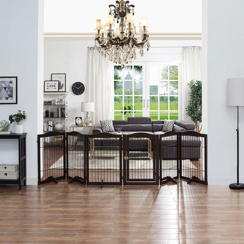 UniPawsStore2023_Unipaws Pet Playpen with Wire Extra Wide 6 Panels with Walk Through Door and 5 Support Feet, Espresso