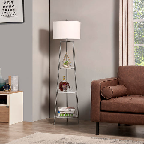 Modern Tripod Floor Lamp with Shelves and Fabric Shade - Silver