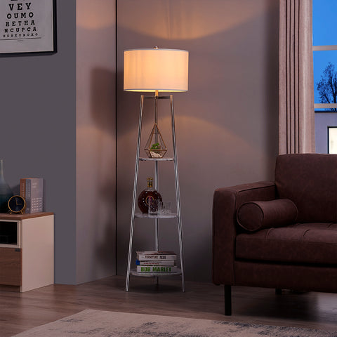 Floor lamp with shelves in a living room setting