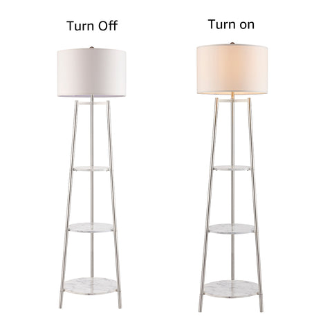 Modern Tripod Floor Lamp with Shelves and Fabric Shade - Silver