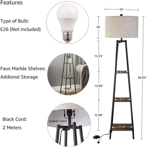 Unipaws Modern Floor Lamp with 3 Shelves & Fabric Shade