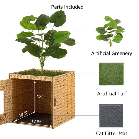 Cat Litter Box Enclosure with Faux Plant & Litter Mat