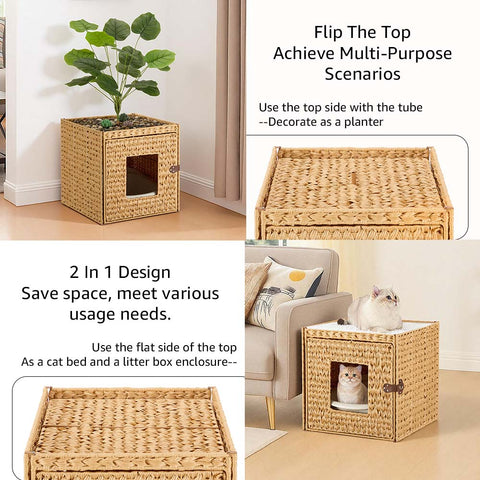 Cat Litter Box Enclosure with Faux Plant & Litter Mat