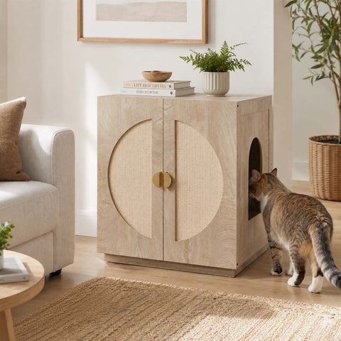 Modern Wooden Cat Litter Box Enclosure with Charging Station | Hidden Furniture‑Style Cabinet