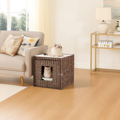 Cat Litter Box Enclosure with Faux Plant & Litter Mat