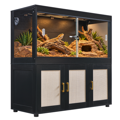 unipaws 94 Gallon Reptile Tank with 3 Storage Cabinet for Lizards, Bearded Dragon Enclosure Cage with Flip Top Breathable Mesh & Sliding door, Furniture Style Lockable Black Terrarium