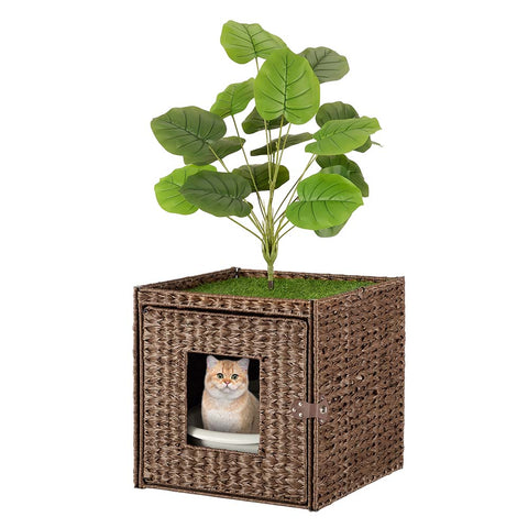 Cat Litter Box Enclosure with Faux Plant & Litter Mat