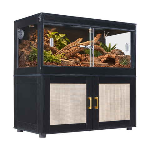 unipaws 58 Gallon Reptile Tank with 2 Storage Cabinet for Lizards, Bearded Dragon Enclosure Cage with Flip Top Breathable Mesh & Sliding door, Furniture Style Lockable Black Terrarium