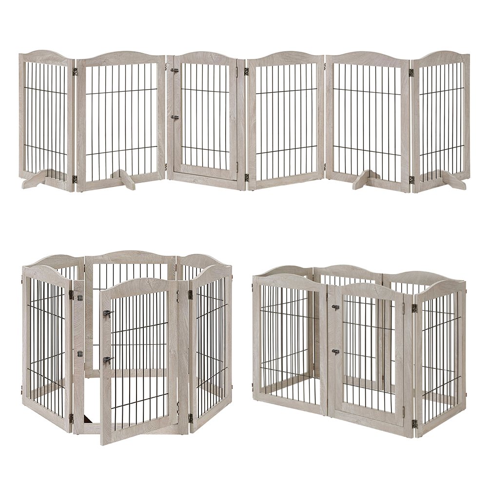 Freestanding Indoor Dog Gate – Wood Pet Playpen with Door