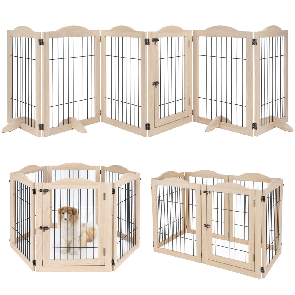 Freestanding Indoor Dog Gate – Wood Pet Playpen with Door