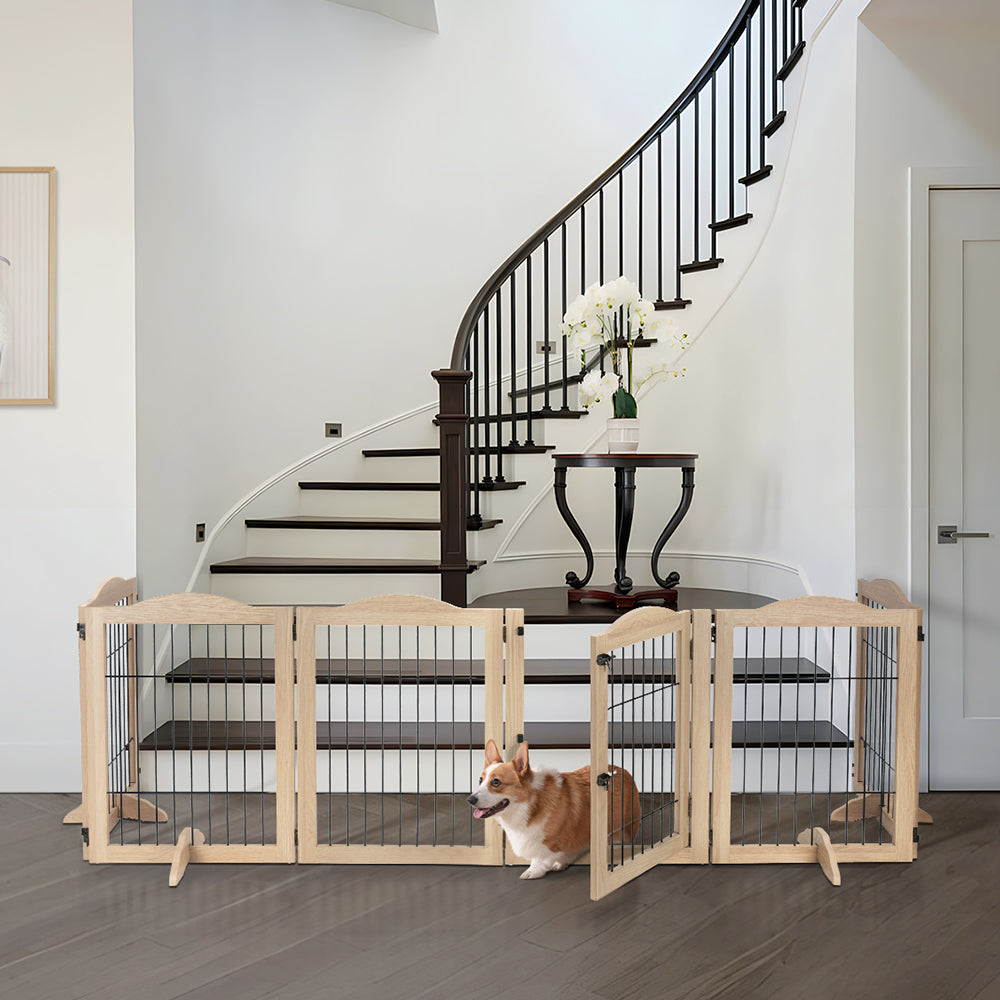 Freestanding Indoor Dog Gate – Wood Pet Playpen with Door