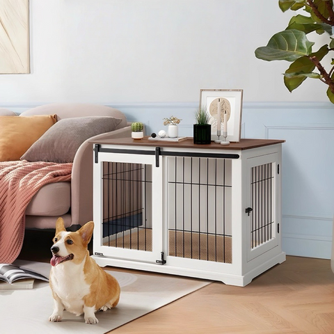 Wooden Dog Crate – Sliding Barn Door, Double Doors, Tray & Cushion