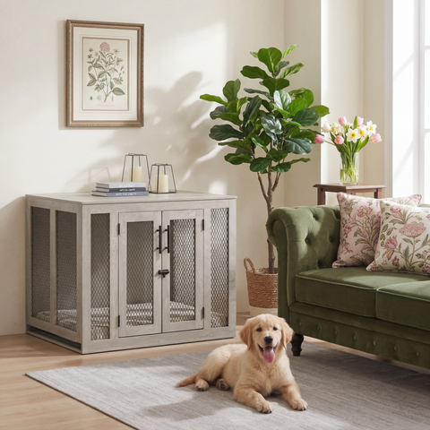 Unipaws  Stylish Wooden Dog Crate & Decor Table with Cushion