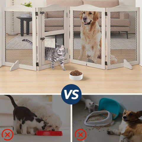 Pet Gate with Cat Door – Freestanding Metal Mesh Barrier for Dogs & Cats