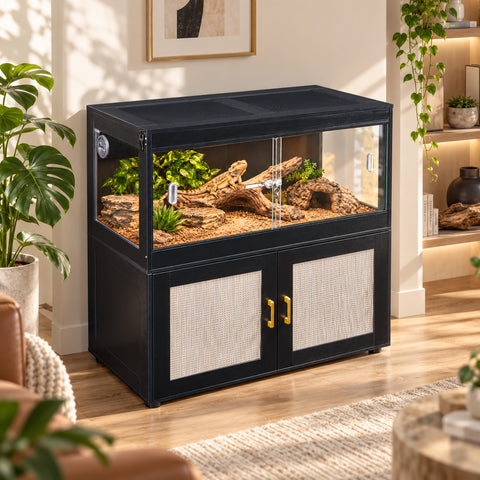 unipaws 58 Gallon Reptile Tank with 2 Storage Cabinet for Lizards, Bearded Dragon Enclosure Cage with Flip Top Breathable Mesh & Sliding door, Furniture Style Lockable Black Terrarium