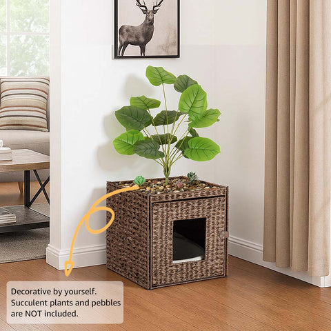Cat Litter Box Enclosure with Faux Plant & Litter Mat