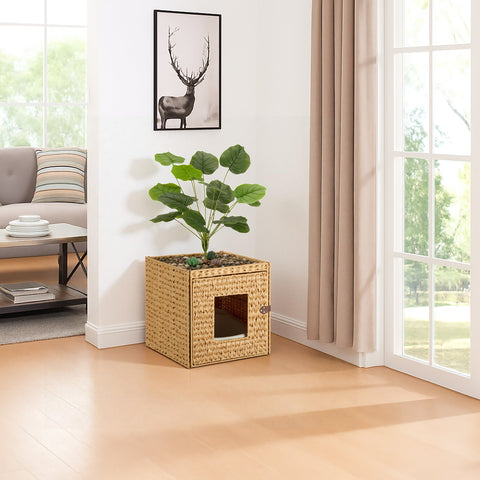 Cat Litter Box Enclosure with Faux Plant & Litter Mat