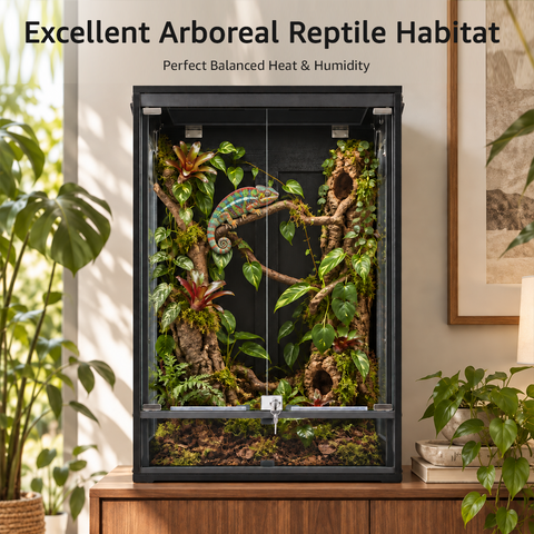 Unipaws 63 Gallon Reptile Tank for Lizards, Bearded Dragon Large Enclosure Cage with Flip Top Breathable Mesh & Sliding door, Large Lockable Black Terrarium
