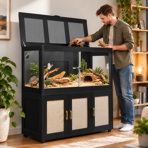 unipaws 94 Gallon Reptile Tank with 3 Storage Cabinet for Lizards, Bearded Dragon Enclosure Cage with Flip Top Breathable Mesh & Sliding door, Furniture Style Lockable Black Terrarium