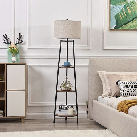 Modern Tripod Floor Lamp with Shelves and Fabric Shade