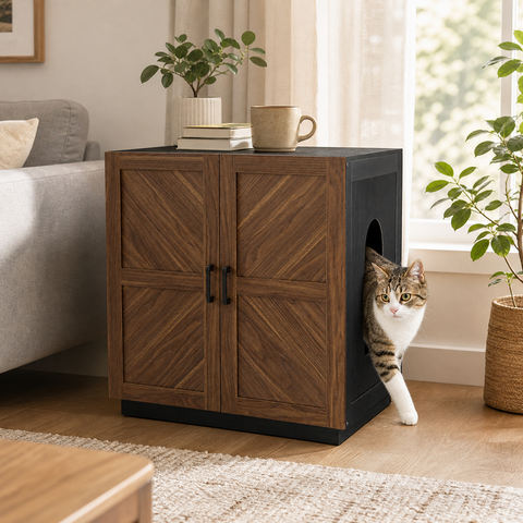 Modern Wooden Cat Litter Box Enclosure with Charging Station | Hidden Furniture‑Style Cabinet