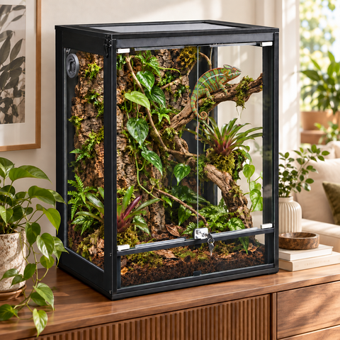 Unipaws 63 Gallon Reptile Tank for Lizards, Bearded Dragon Large Enclosure Cage with Flip Top Breathable Mesh & Sliding door, Large Lockable Black Terrarium