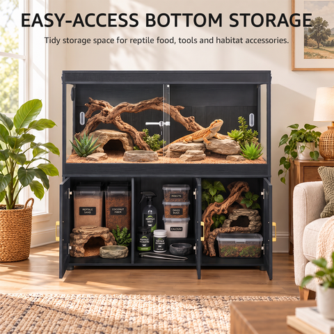 unipaws 94 Gallon Reptile Tank with 3 Storage Cabinet for Lizards, Bearded Dragon Enclosure Cage with Flip Top Breathable Mesh & Sliding door, Furniture Style Lockable Black Terrarium