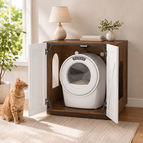 Modern Wooden Cat Litter Box Enclosure with Charging Station | Hidden Furniture‑Style Cabinet