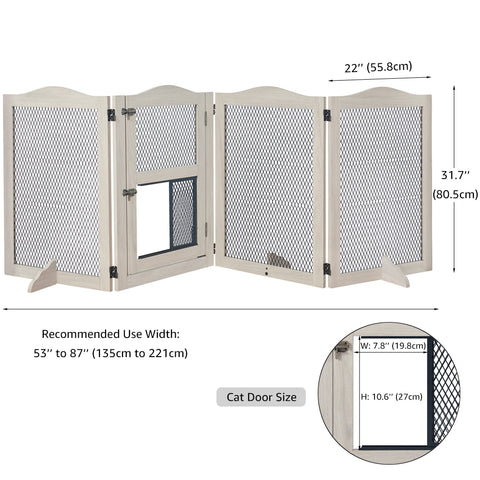 Pet Gate with Cat Door – Freestanding Metal Mesh Barrier for Dogs & Cats