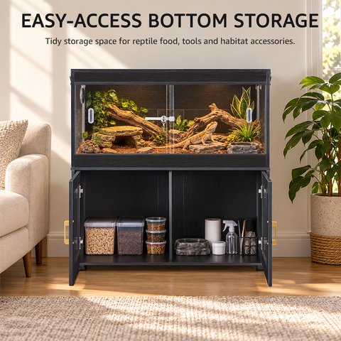 unipaws 58 Gallon Reptile Tank with 2 Storage Cabinet for Lizards, Bearded Dragon Enclosure Cage with Flip Top Breathable Mesh & Sliding door, Furniture Style Lockable Black Terrarium