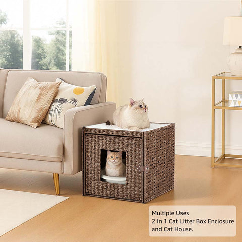 Cat Litter Box Enclosure with Faux Plant & Litter Mat