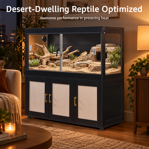 unipaws 94 Gallon Reptile Tank with 3 Storage Cabinet for Lizards, Bearded Dragon Enclosure Cage with Flip Top Breathable Mesh & Sliding door, Furniture Style Lockable Black Terrarium