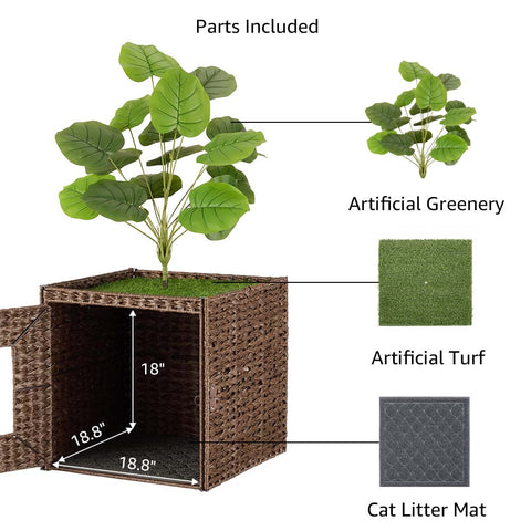 Cat Litter Box Enclosure with Faux Plant & Litter Mat