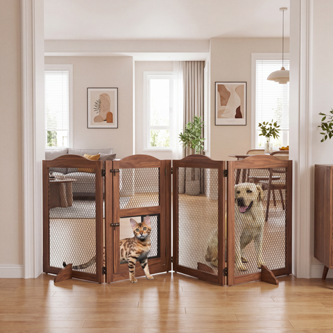 Freestanding Pet Gate with Cat Door – Foldable Metal Mesh Dog Barrier