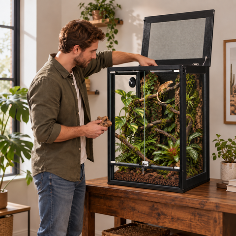 Unipaws 63 Gallon Reptile Tank for Lizards, Bearded Dragon Large Enclosure Cage with Flip Top Breathable Mesh & Sliding door, Large Lockable Black Terrarium