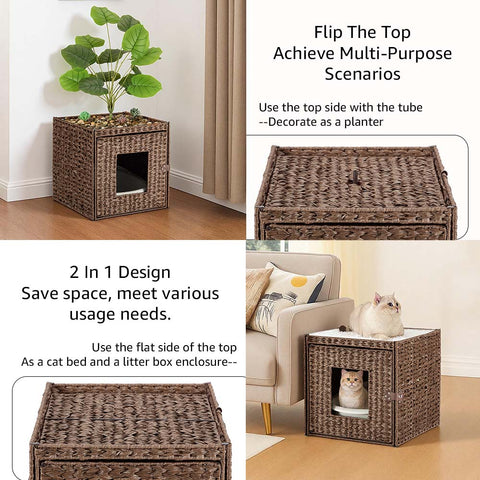 Cat Litter Box Enclosure with Faux Plant & Litter Mat