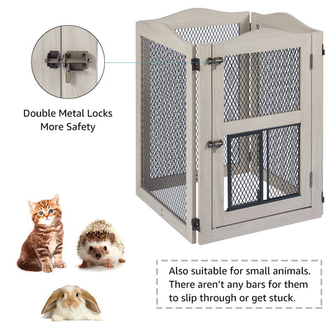 Pet Gate with Cat Door – Freestanding Metal Mesh Barrier for Dogs & Cats