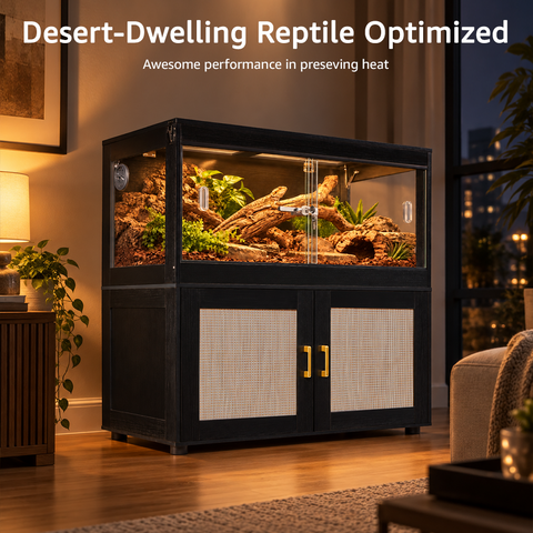 unipaws 58 Gallon Reptile Tank with 2 Storage Cabinet for Lizards, Bearded Dragon Enclosure Cage with Flip Top Breathable Mesh & Sliding door, Furniture Style Lockable Black Terrarium