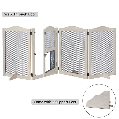 Pet Gate with Cat Door – Freestanding Metal Mesh Barrier for Dogs & Cats
