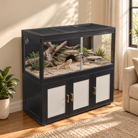 unipaws 94 Gallon Reptile Tank with 3 Storage Cabinet for Lizards, Bearded Dragon Enclosure Cage with Flip Top Breathable Mesh & Sliding door, Furniture Style Lockable Black Terrarium