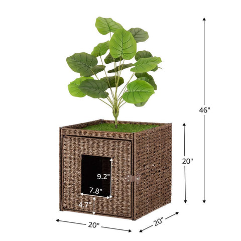 Cat Litter Box Enclosure with Faux Plant & Litter Mat