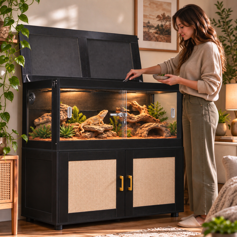 unipaws 58 Gallon Reptile Tank with 2 Storage Cabinet for Lizards, Bearded Dragon Enclosure Cage with Flip Top Breathable Mesh & Sliding door, Furniture Style Lockable Black Terrarium